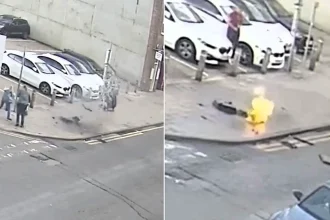 Terrifying CCTV shows a pavement exploding into flames as pedestrians walk just one metre away - the blast in Boston, Lincs, was caused by an underground cable fault.