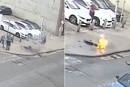 Terrifying CCTV shows a pavement exploding into flames as pedestrians walk just one metre away - the blast in Boston, Lincs, was caused by an underground cable fault.