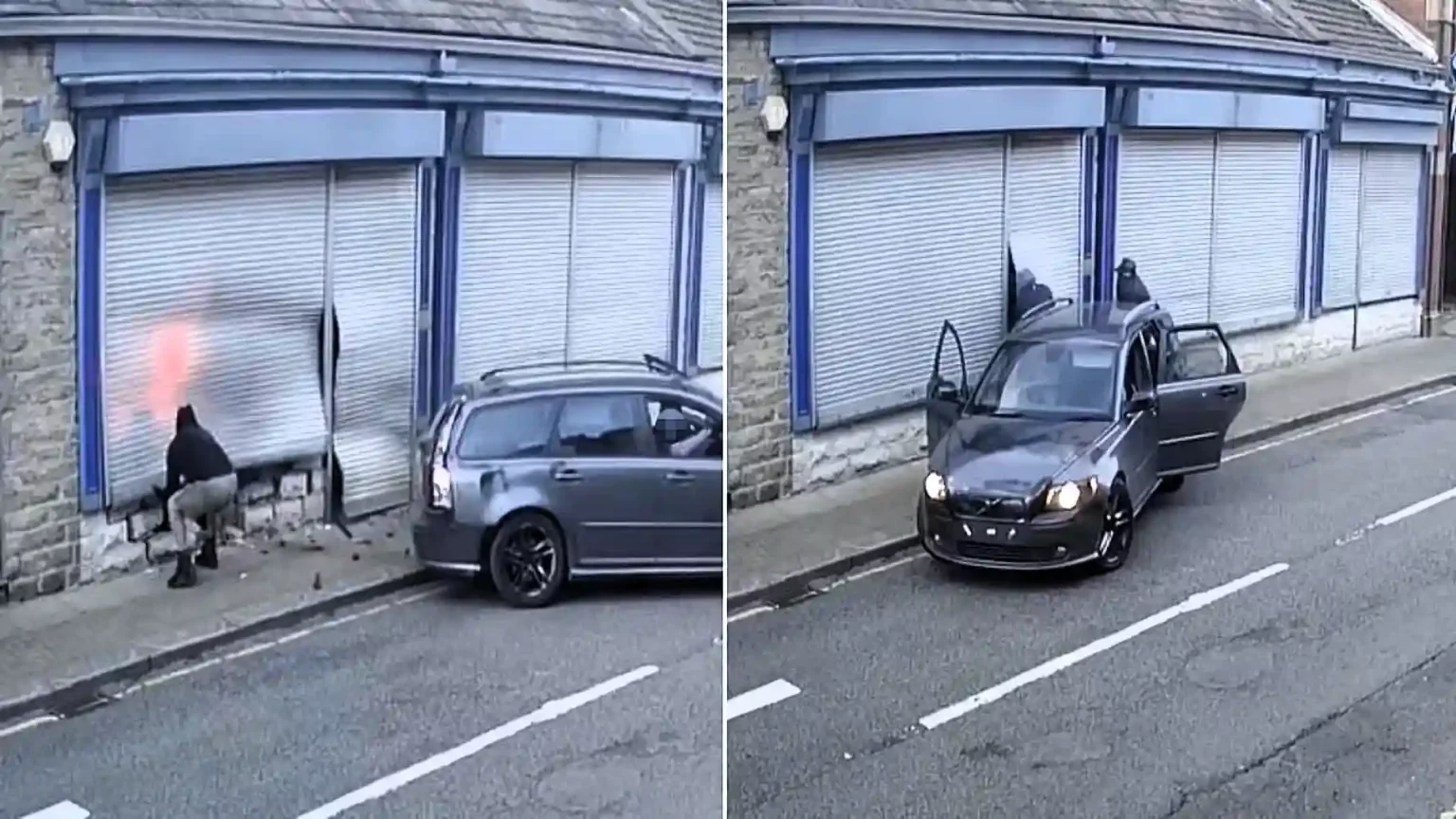 Shocking footage shows masked thieves ramming a car into a jewellery shop, failing to get in and driving off - only to return seconds later and force their way inside.
