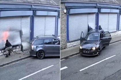 Shocking footage shows masked thieves ramming a car into a jewellery shop, failing to get in and driving off - only to return seconds later and force their way inside.
