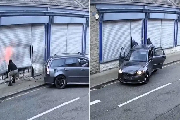 Shocking footage shows masked thieves ramming a car into a jewellery shop, failing to get in and driving off - only to return seconds later and force their way inside.