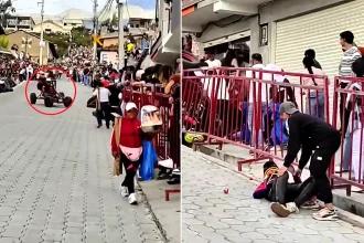 Eight spectators injured after a soapbox car ploughed through safety barriers at a race in Ecuador - cars can hit speeds of more than 80kmh on the course.