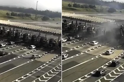 A speeding driver was killed after crashing violently into a toll station - flipping his car and bringing part of the roof crashing down on other vehicles.