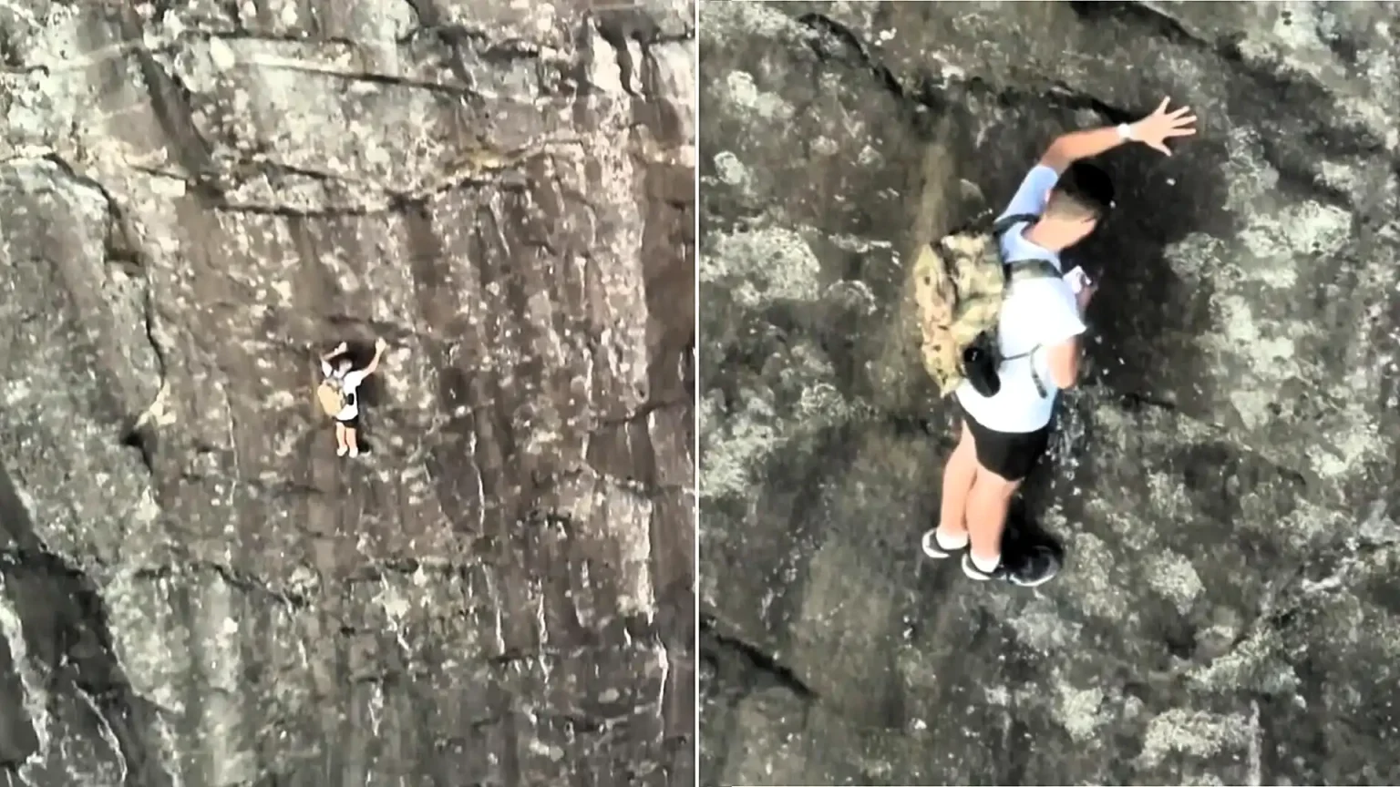 Climber branded 'stupid' after being filmed on his phone while stranded 260ft up a mountain on a ledge just 20 inches wide.