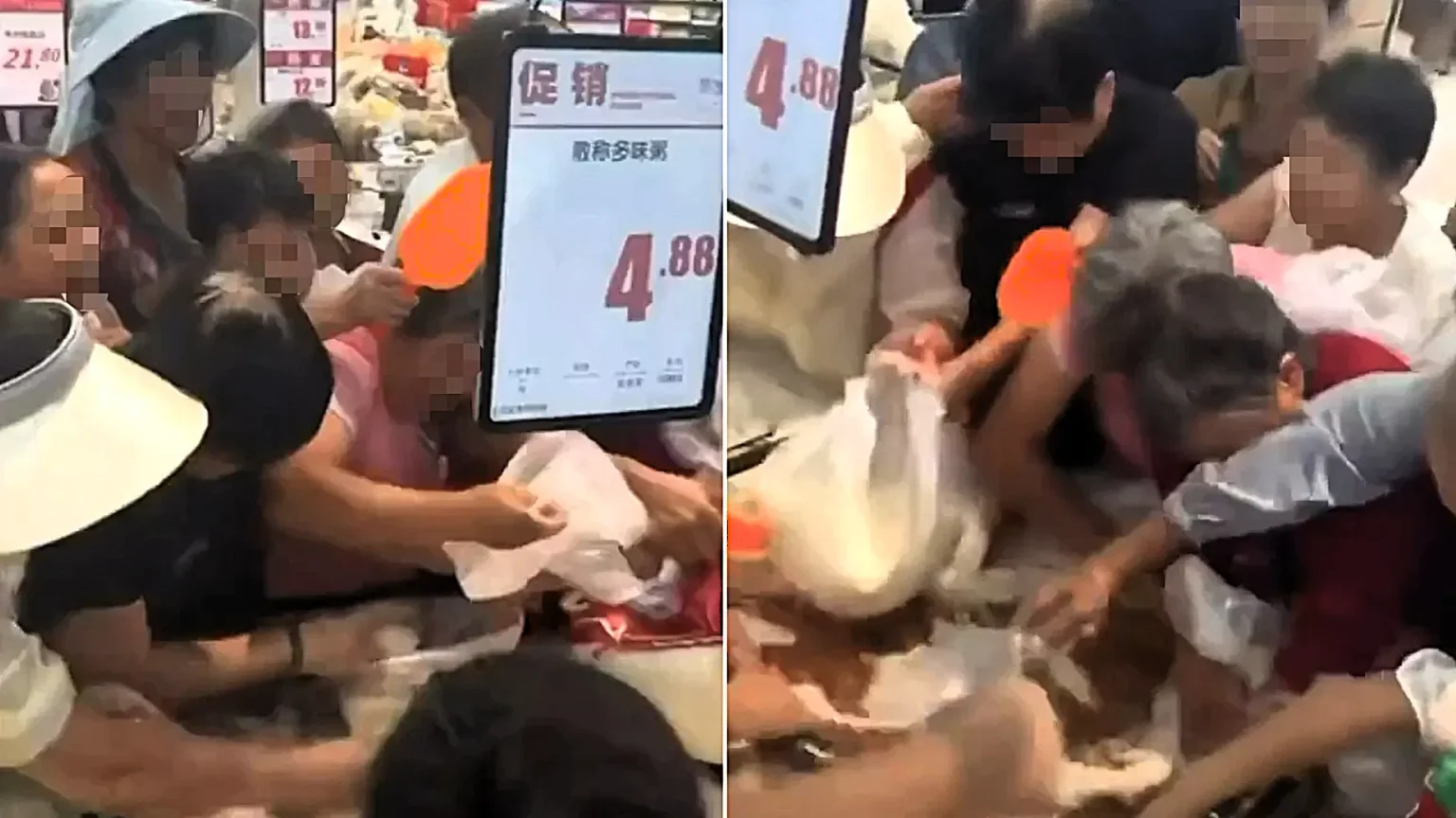 Shoppers have been filmed scrambling for discounted rice in chaotic scenes - with some grabbing handfuls with bare hands and one clambering on top of the pile.