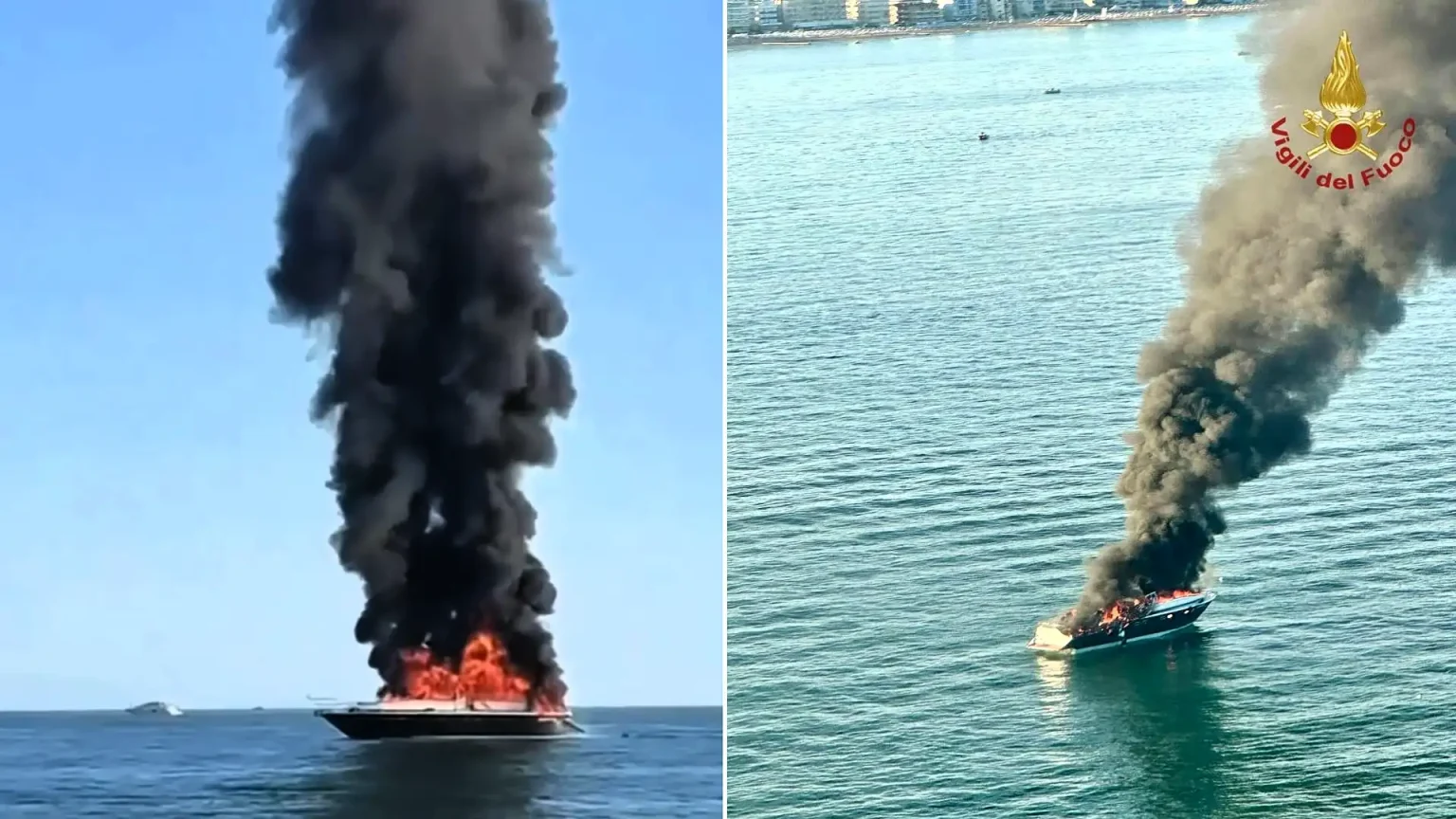 Ten people including a child were evacuated from a 20-metre yacht after a massive fire engulfed it - with a passing boater racing in to rescue them.