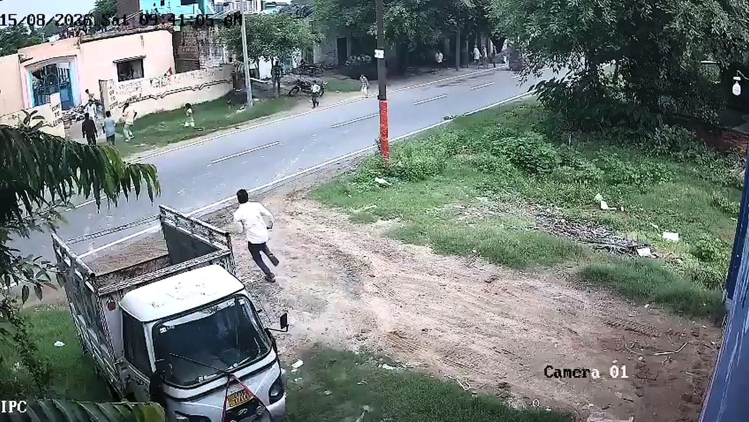 CCTV captured the horror moment a school canopy collapsed onto children during Independence Day celebrations in India - killing a boy, eight, and injuring two more.