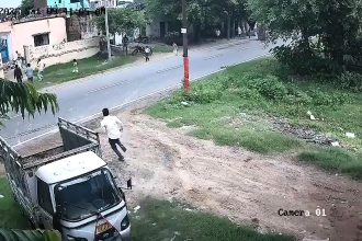 CCTV captured the horror moment a school canopy collapsed onto children during Independence Day celebrations in India - killing a boy, eight, and injuring two more.