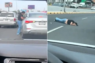 A woman was dragged around 100ft along a busy road after a motorist she confronted over an alleged crash suddenly surged forward and sped off in Monterrey, Mexico.