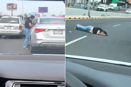 A woman was dragged around 100ft along a busy road after a motorist she confronted over an alleged crash suddenly surged forward and sped off in Monterrey, Mexico.