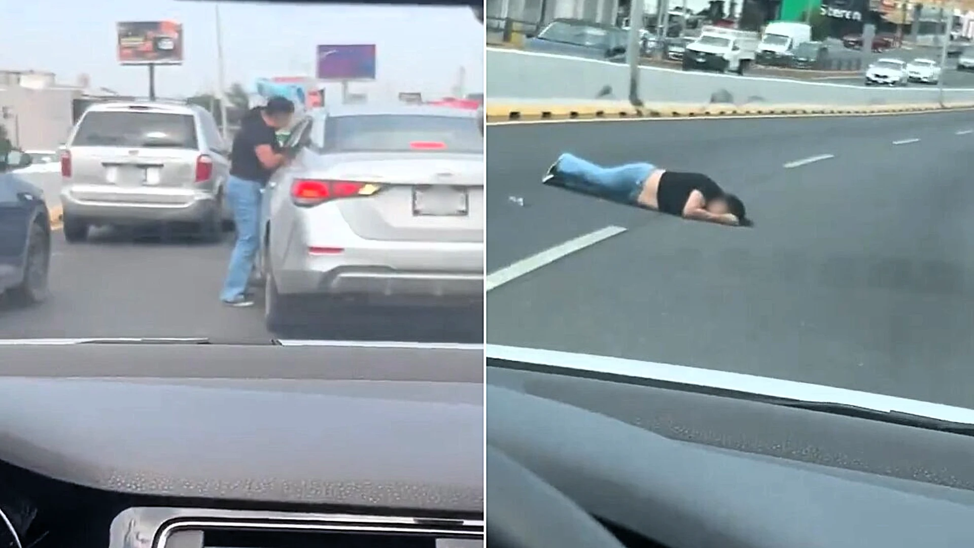 A woman was dragged around 100ft along a busy road after a motorist she confronted over an alleged crash suddenly surged forward and sped off in Monterrey, Mexico.
