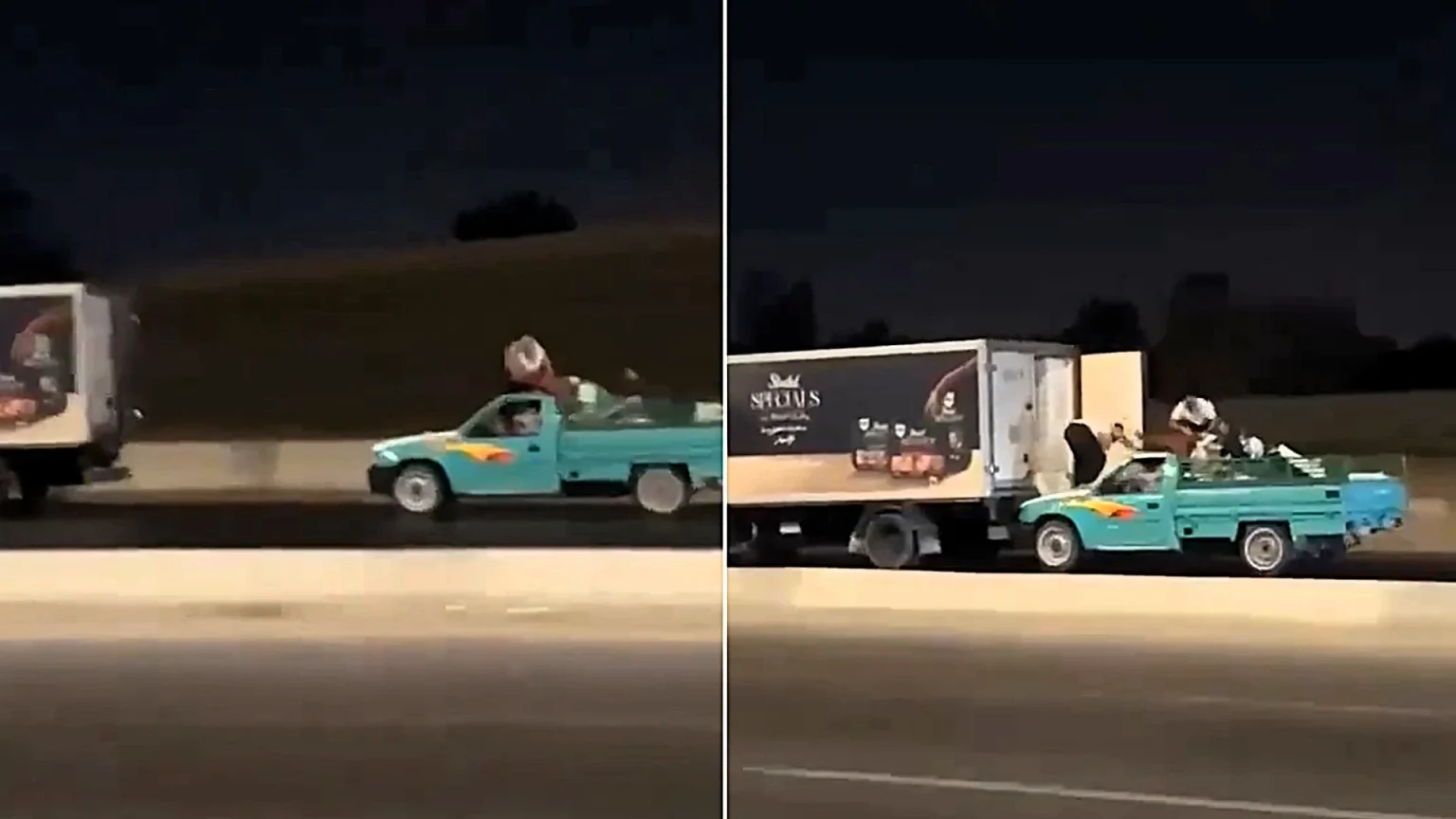 Wild footage shows suspected thieves raiding a moving lorry from the bonnet of a speeding pickup in Egypt - with viewers comparing it to a Fast & Furious stunt.