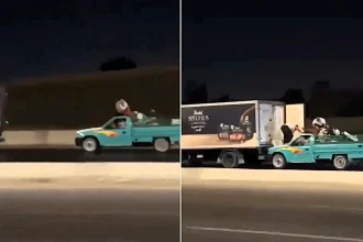 Wild footage shows suspected thieves raiding a moving lorry from the bonnet of a speeding pickup in Egypt - with viewers comparing it to a Fast & Furious stunt.
