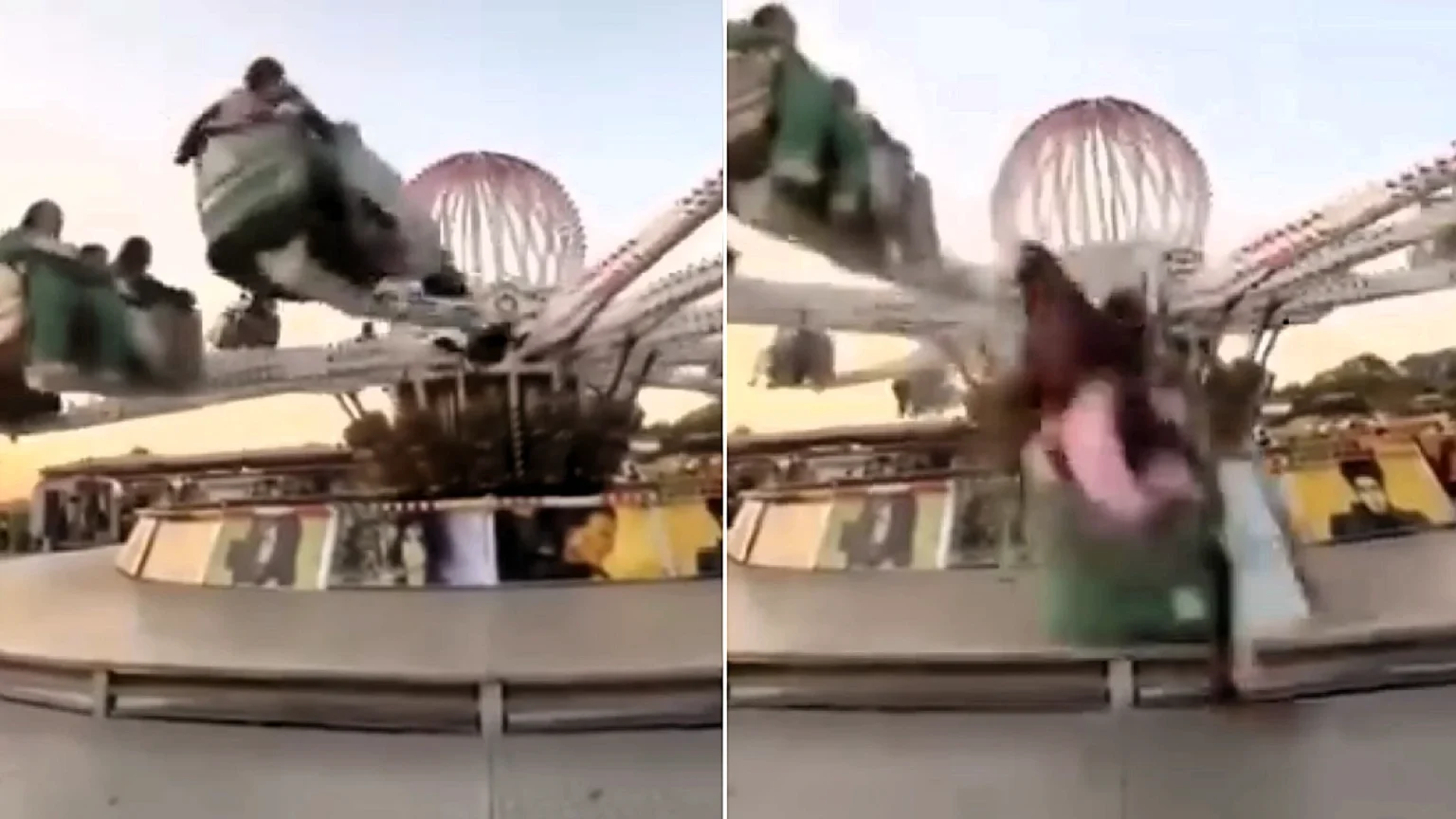 Horrifying footage shows three young women plummeting to the ground after a fairground ride's arm snapped loose in Tangier, Morocco, leaving them with fractures.