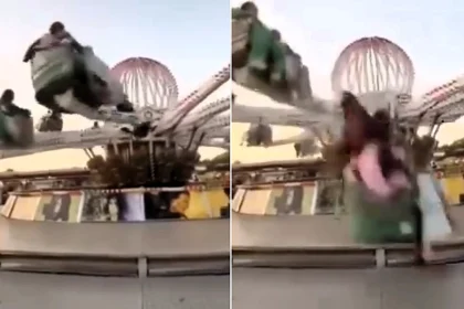 Horrifying footage shows three young women plummeting to the ground after a fairground ride's arm snapped loose in Tangier, Morocco, leaving them with fractures.