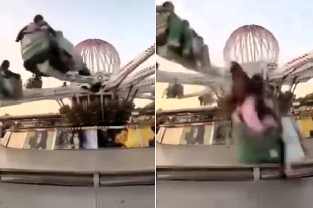 Horrifying footage shows three young women plummeting to the ground after a fairground ride's arm snapped loose in Tangier, Morocco, leaving them with fractures.