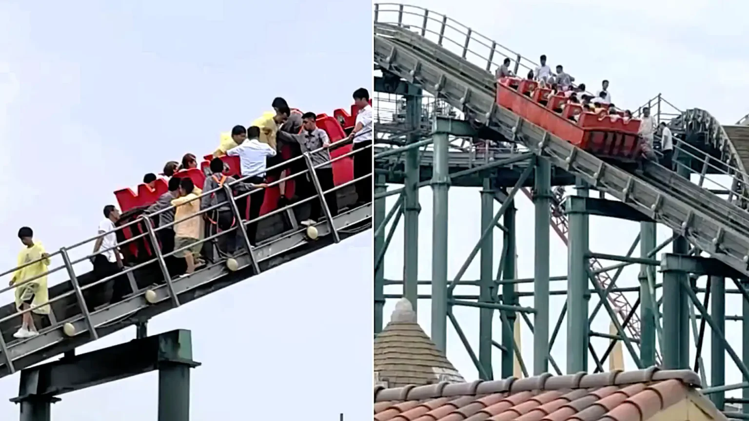 Terrified riders were forced to walk down a steep track after a theme park water ride broke down mid-climb - reportedly caused by a raincoat jamming in the mechanism.