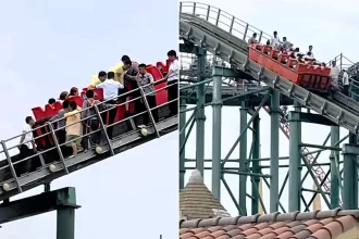 Terrified riders were forced to walk down a steep track after a theme park water ride broke down mid-climb - reportedly caused by a raincoat jamming in the mechanism.