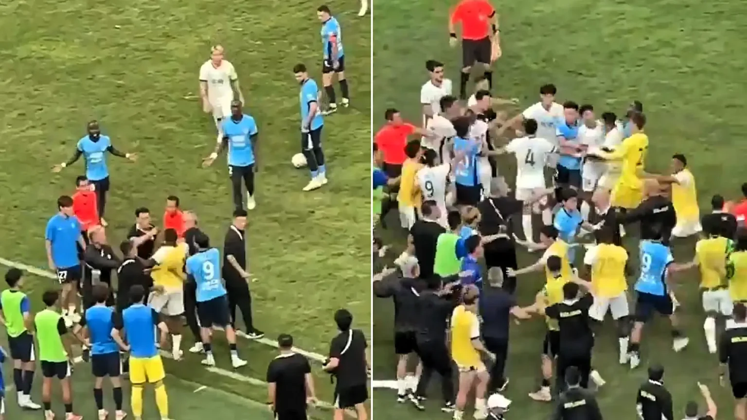 A Chinese Super League match descended into a mass brawl - with an assistant coach accused of putting the rival manager in a chokehold in front of 62,000 fans.