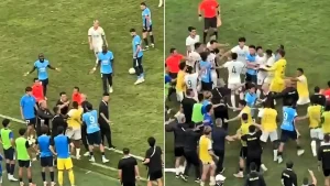 A Chinese Super League match descended into a mass brawl - with an assistant coach accused of putting the rival manager in a chokehold in front of 62,000 fans.