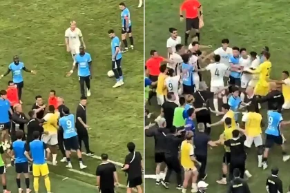 A Chinese Super League match descended into a mass brawl - with an assistant coach accused of putting the rival manager in a chokehold in front of 62,000 fans.
