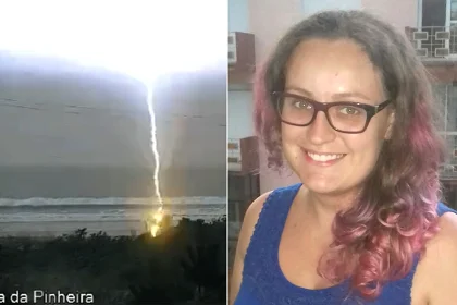 Shocking CCTV has captured the moment a tourist was killed by a lightning strike while strolling along a beach with her partner.