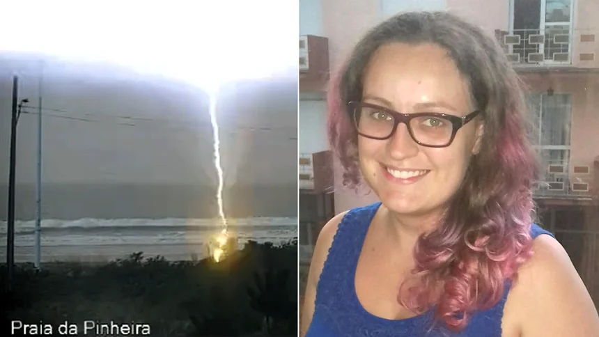 Shocking CCTV has captured the moment a tourist was killed by a lightning strike while strolling along a beach with her partner.