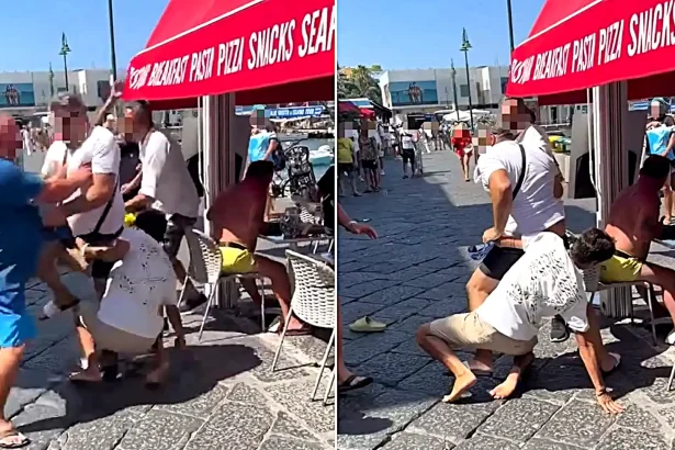 Tourists and shop owners were filmed trading punches, kicks and swinging chairs during a furious daylight brawl at a posh Italian holiday hotspot.