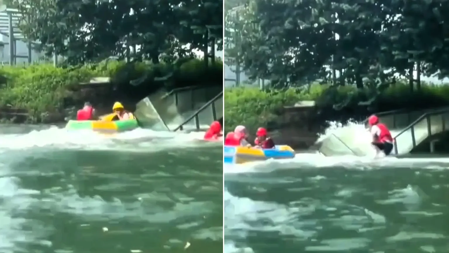 A glass panel on a popular waterslide suddenly ripped free under the force of rushing water in China, sending inflatable rafts crashing into a deadly pile-up.
