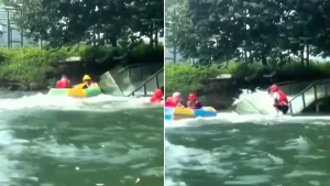 A glass panel on a popular waterslide suddenly ripped free under the force of rushing water in China, sending inflatable rafts crashing into a deadly pile-up.