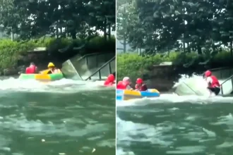 A glass panel on a popular waterslide suddenly ripped free under the force of rushing water in China, sending inflatable rafts crashing into a deadly pile-up.