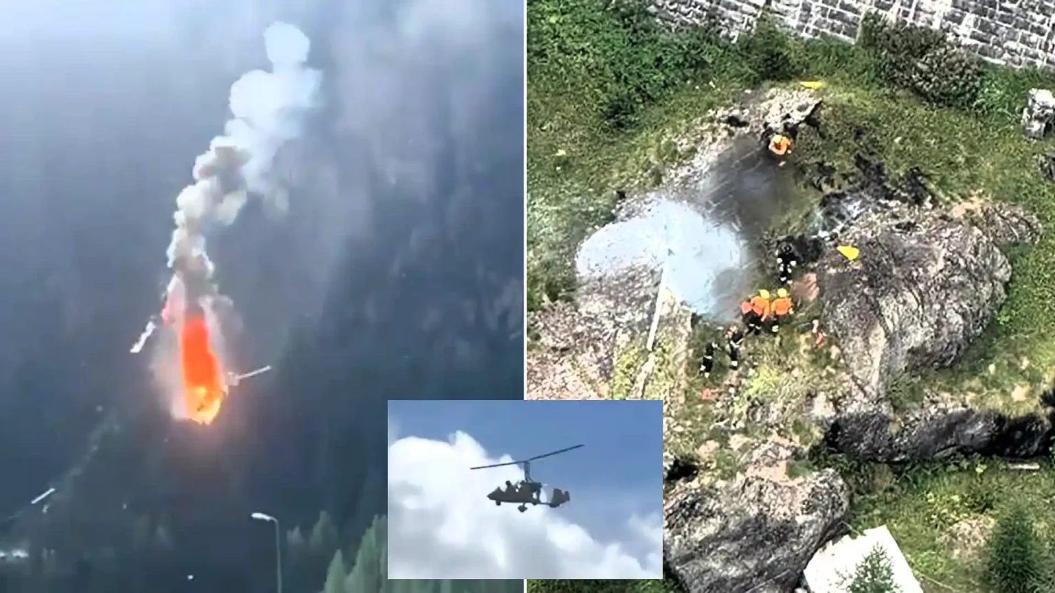 A two-seater gyrocopter erupted into a fireball after hitting cableway wires, killing both people on board - with the crash witnessed by the pilot's brother.