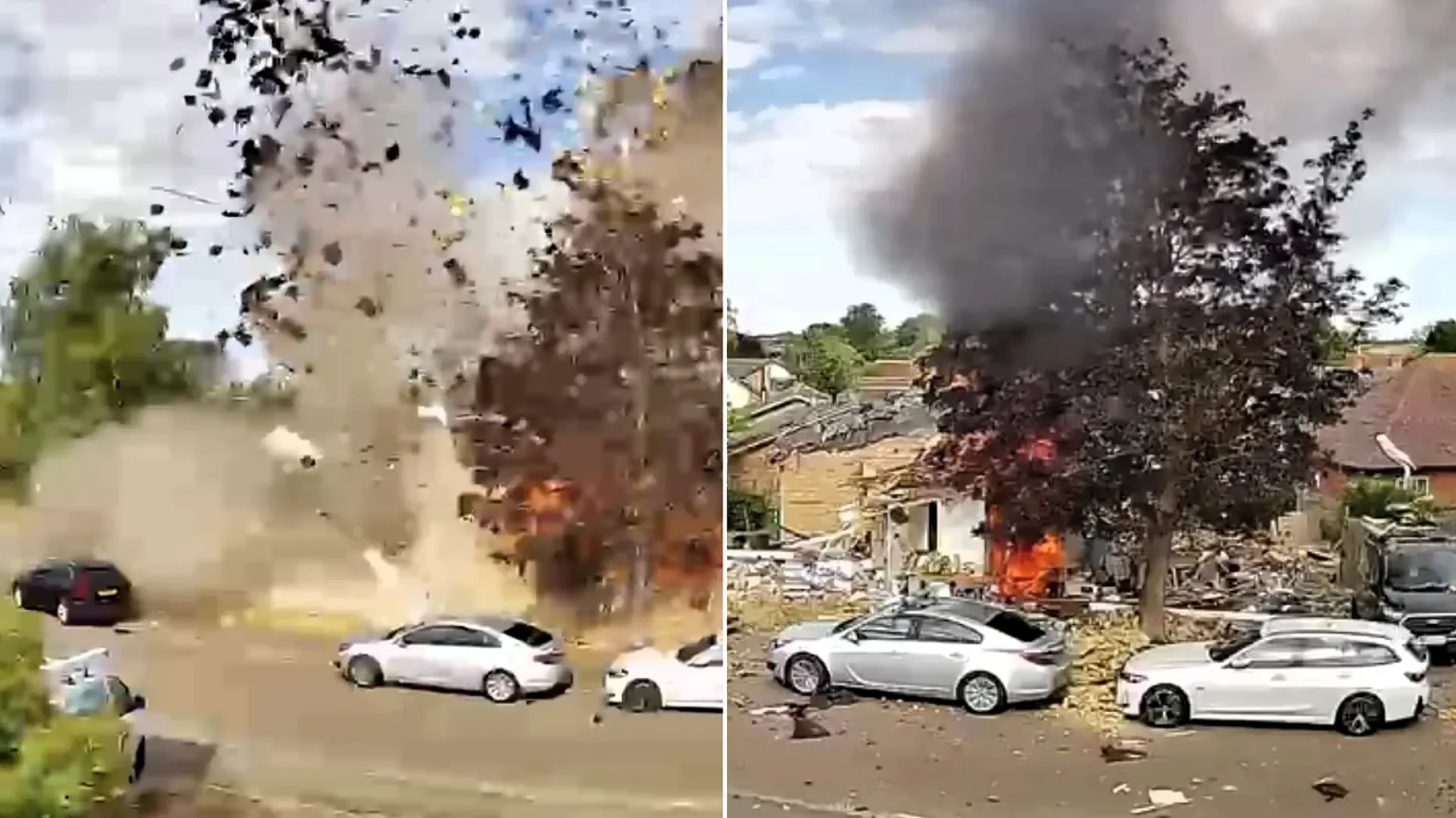 A bungalow has been blown to pieces in a suspected gas explosion near Milton Keynes - with dramatic doorbell footage capturing bricks raining down on neighbours.