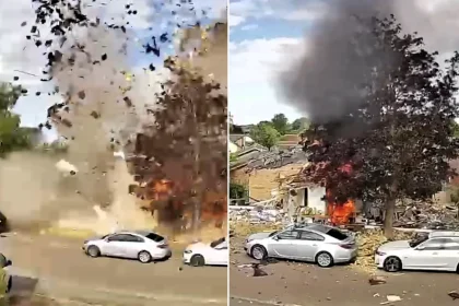 A bungalow has been blown to pieces in a suspected gas explosion near Milton Keynes - with dramatic doorbell footage capturing bricks raining down on neighbours.