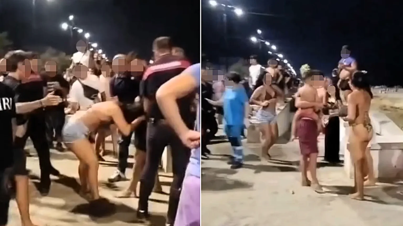 A violent beach brawl involving flying chairs, wooden crates and reportedly knives erupted during one of Italy's biggest summer celebrations - with five detained.