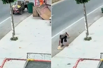A gust of wind may have saved an elderly man's life after it blew off his straw hat, forcing him to chase it seconds before a car smashed into his parked tricycle in China.