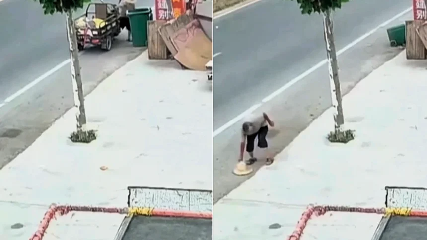 A gust of wind may have saved an elderly man's life after it blew off his straw hat, forcing him to chase it seconds before a car smashed into his parked tricycle in China.