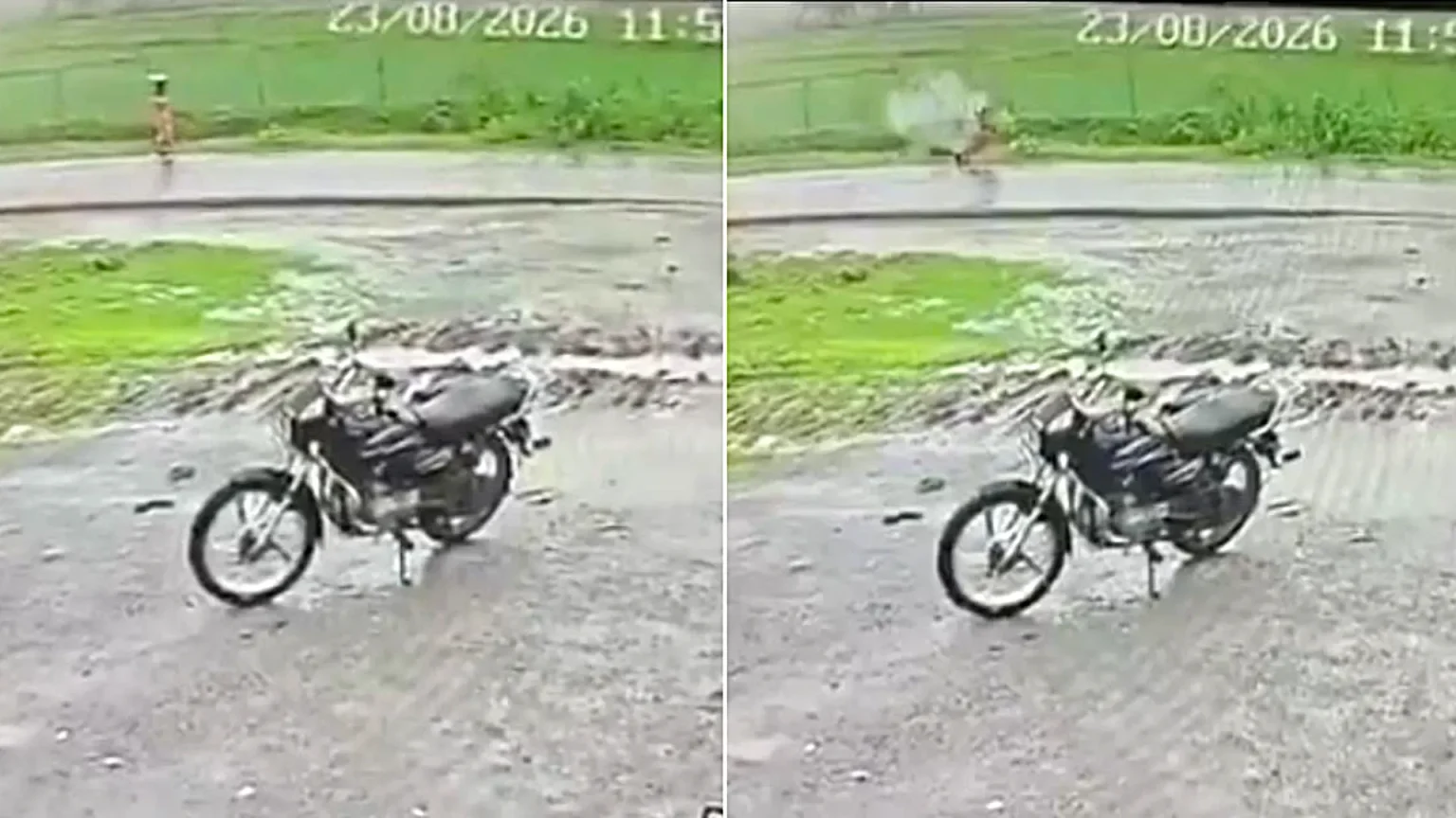 Horrifying CCTV has captured the moment a woman was killed by a lightning strike as she walked home from the fields during a severe storm.