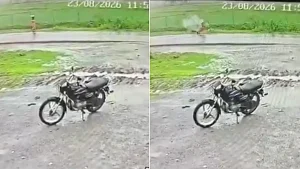 Horrifying CCTV has captured the moment a woman was killed by a lightning strike as she walked home from the fields during a severe storm.