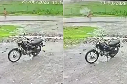 Horrifying CCTV has captured the moment a woman was killed by a lightning strike as she walked home from the fields during a severe storm.