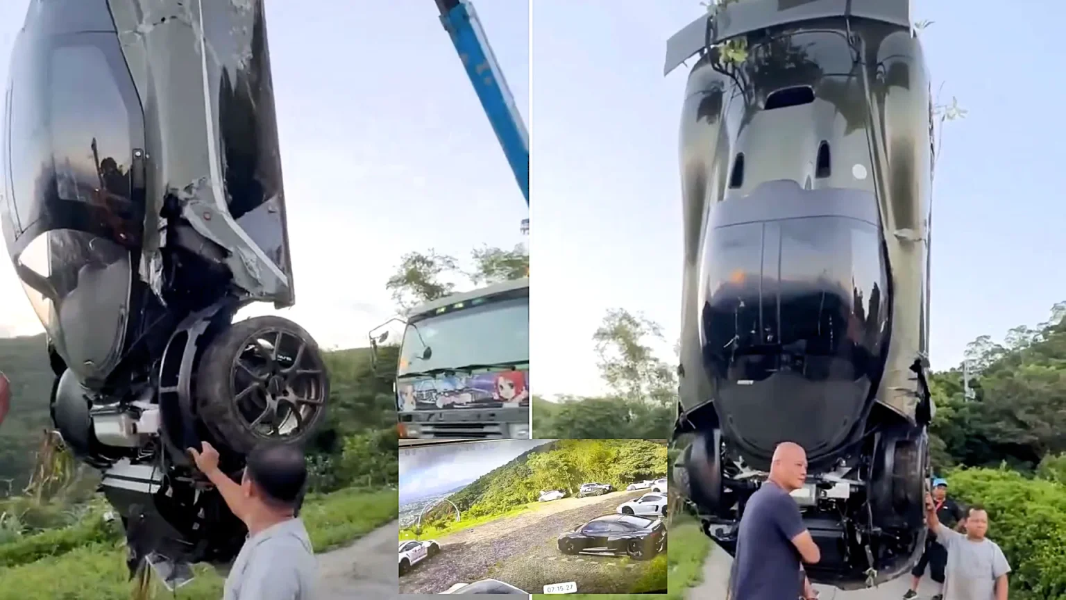 A £400,000 supercar has plunged 330ft into a valley after the driver allegedly forgot the handbrake - as he sprinted after it shouting: "I did apply it."