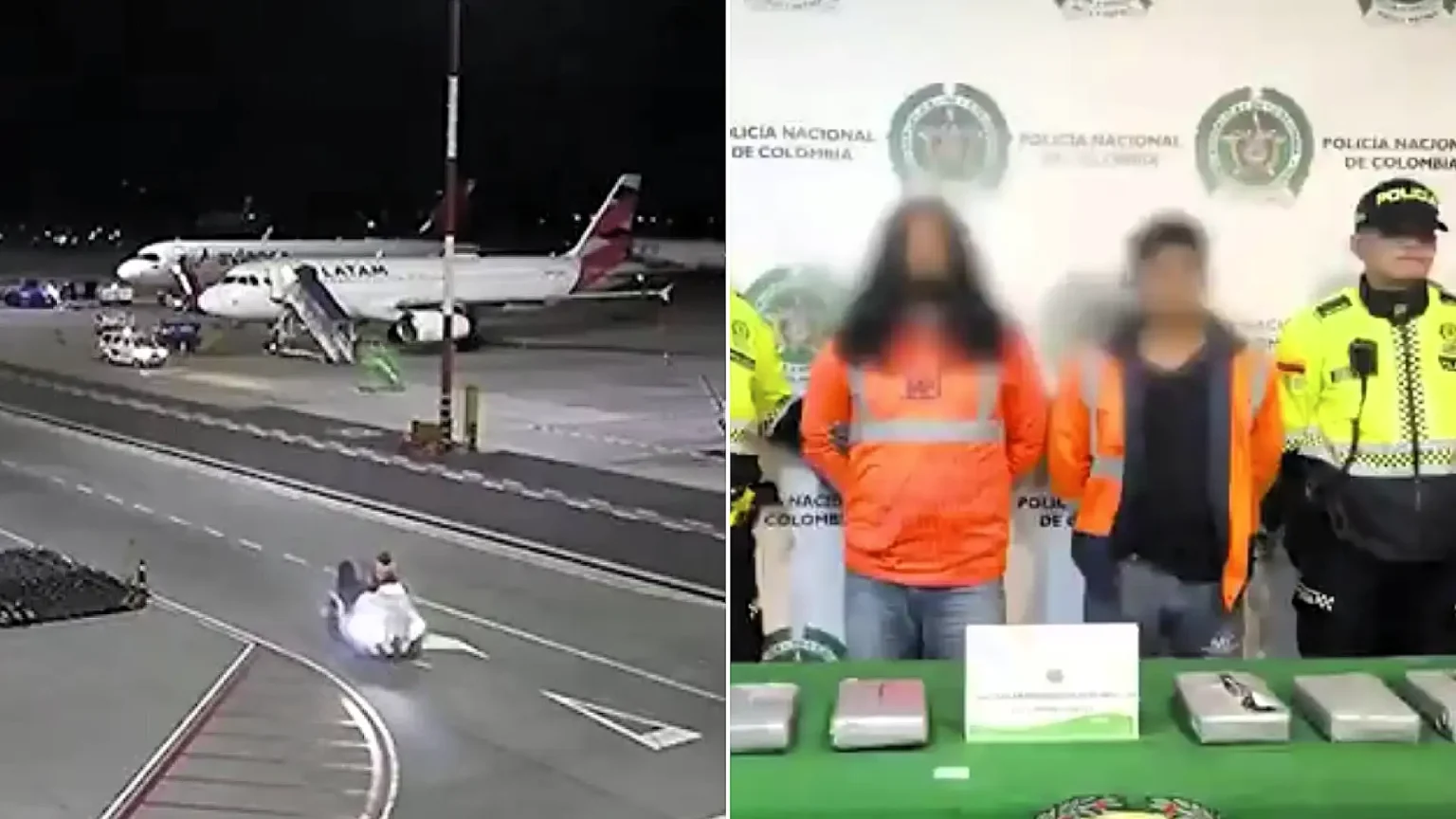 Two airport workers were caught on CCTV trying to smuggle 15lb of cocaine onto an international flight in Bogotá, Colombia - with the drugs stashed in their work lockers.