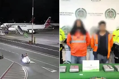 Two airport workers were caught on CCTV trying to smuggle 15lb of cocaine onto an international flight in Bogotá, Colombia - with the drugs stashed in their work lockers.