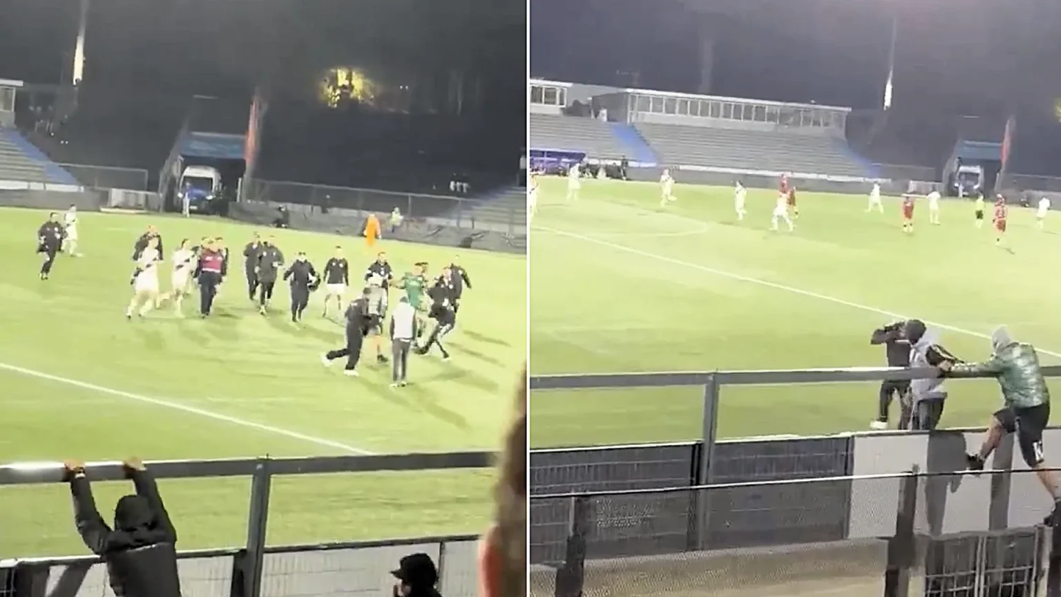 Furious fans vaulted the fence to attack their own players moments before the final whistle - forcing the 20-year-old goalkeeper to sprint out and defend them.