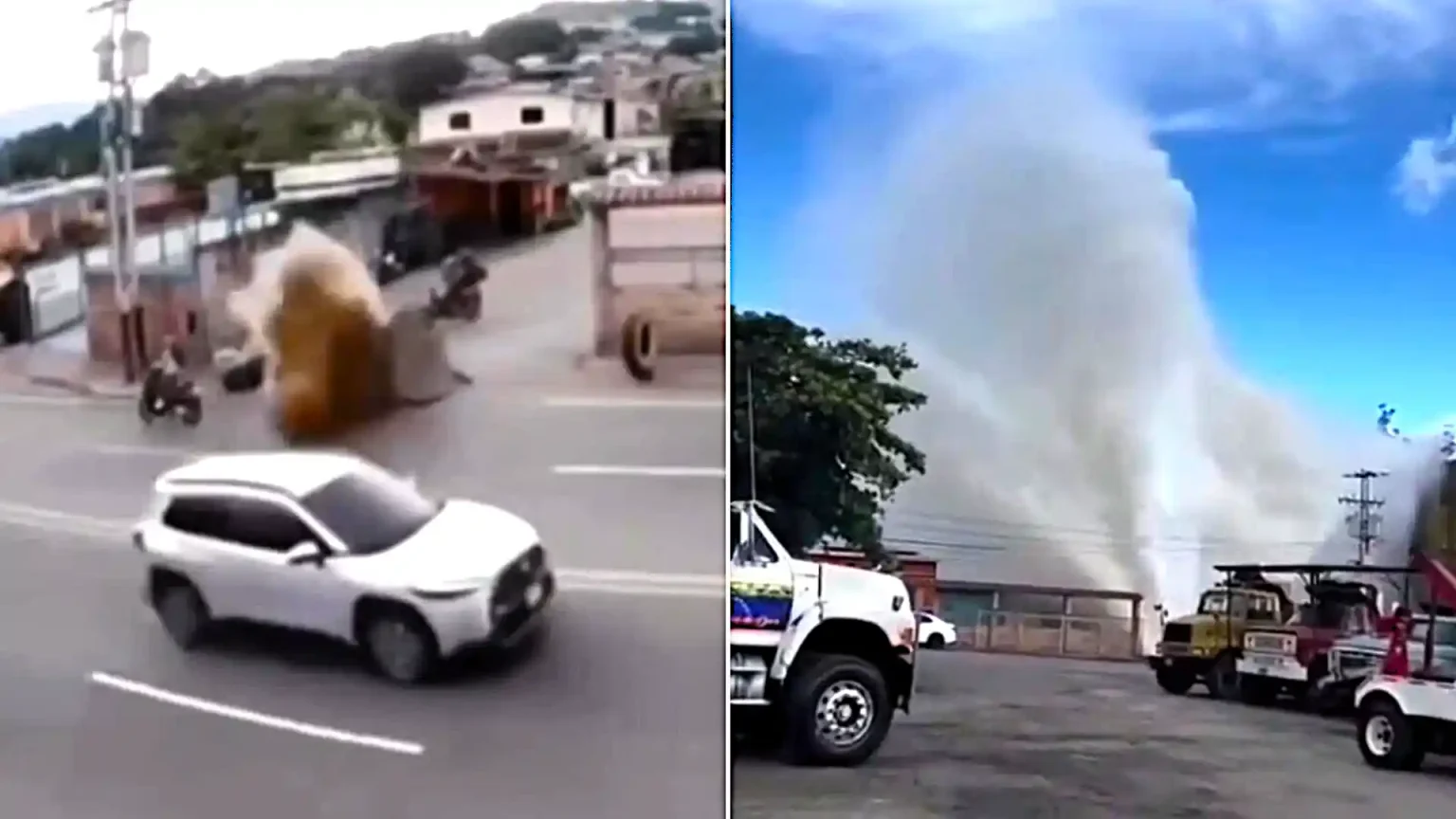 A biker had a lucky escape after a 40-inch pipe burst beneath a road - ripping up the tarmac and sending water shooting into the air just seconds after he passed.