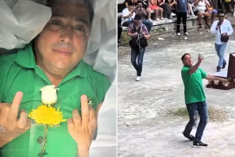 A politician was carried into a park inside a wooden coffin before sitting up and dancing in front of a cheering crowd — all part of an "aura farming" contest to boost his mayoral hopes.
