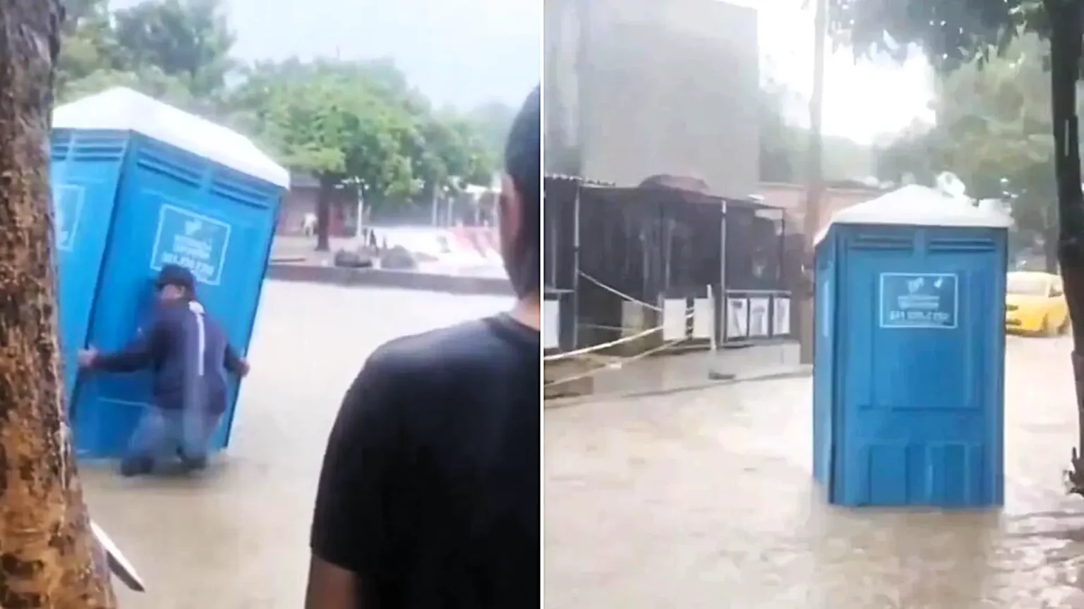 An unlucky bloke mid-poo was swept away when a flash flood sent his portable toilet careering down the street - with shouts for help heard coming from inside.