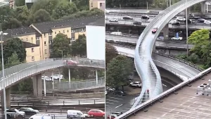 A blundering driver mistakenly drove onto a Glasgow footbridge over the M8 - then needed a 15-point turn to escape as office workers watched and laughed.
