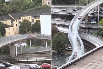 A blundering driver mistakenly drove onto a Glasgow footbridge over the M8 - then needed a 15-point turn to escape as office workers watched and laughed.
