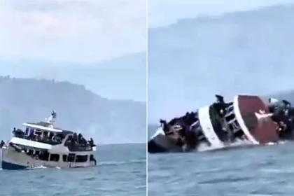 At least 12 people died and dozens are missing after a boat carrying more than 50 passengers capsized on Lake Kivu in DR Congo - as villagers pulled bodies from the water.